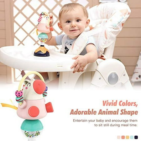 Ideal Newborn Gifts Interactive Infant Toddlers Early Learning Toy Hand Shaker Developmental Tray Toy for Babies Ages 6 Months and Up Zooawa Baby High Chair Animal Rattle Toy with Suction Base 